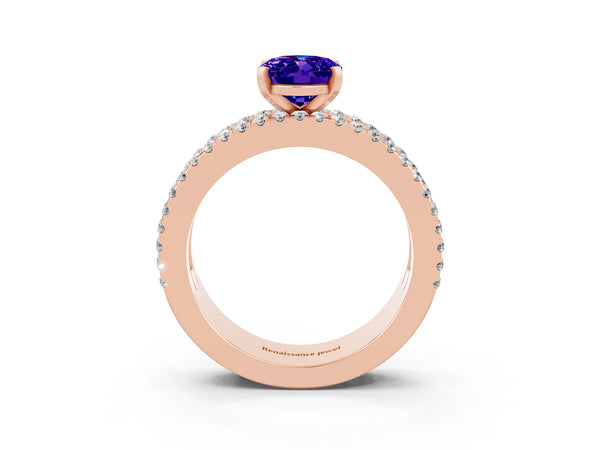 Rose gold Oval Cut Tanzanite Solitaire Ring with Pavé and Channel Set Band
