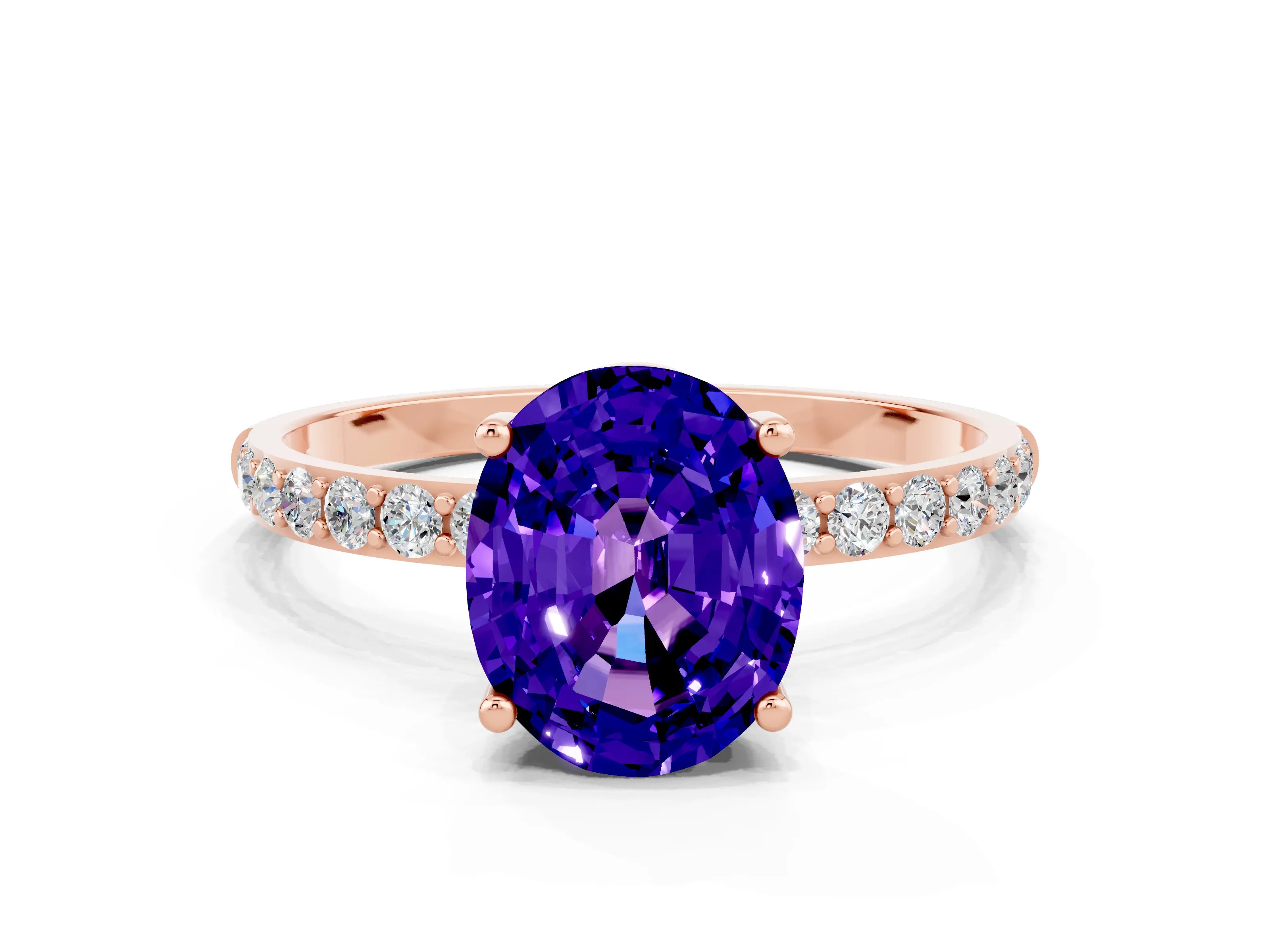 Rose gold Oval Cut Tanzanite Solitaire Ring with Pave Band and Four Prong Setting_24