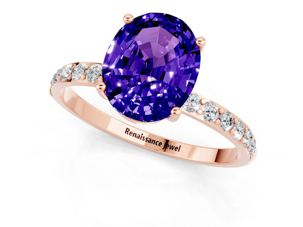 Rose gold Oval Cut Tanzanite Solitaire Ring with Round  Pavé Band and Prong Setting