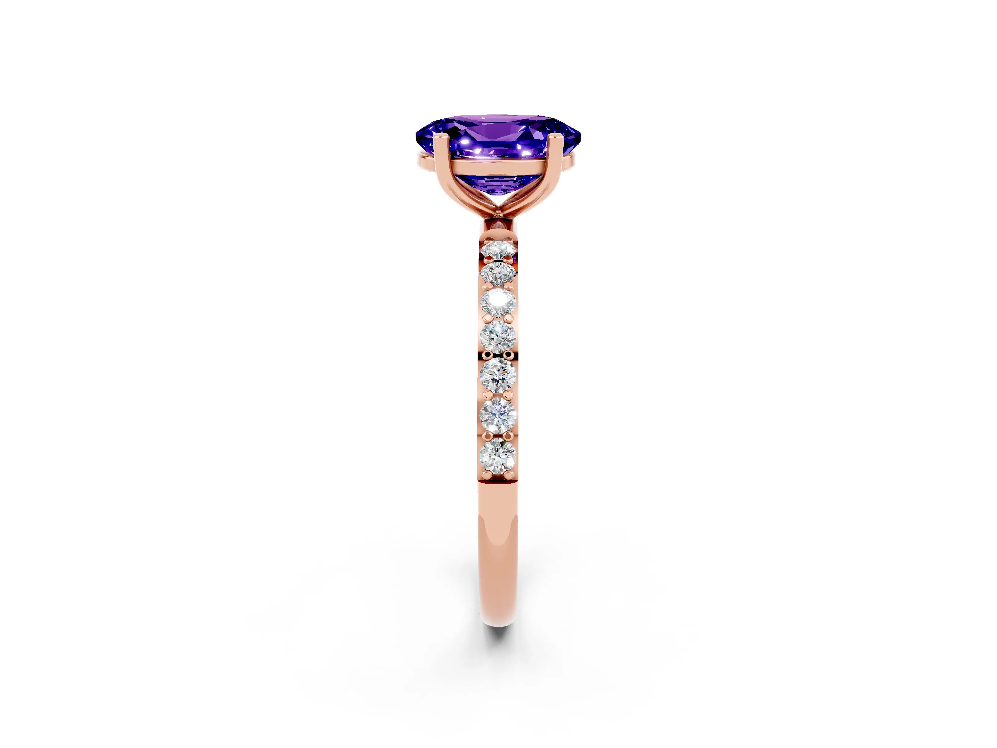 Rose gold Oval Cut Tanzanite Solitaire Ring with Pave Band and Four Prong Setting_26