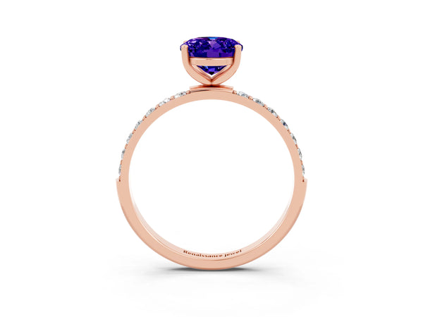 Rose gold Oval Cut Tanzanite Solitaire Ring with Round  Pavé Band and Prong Setting