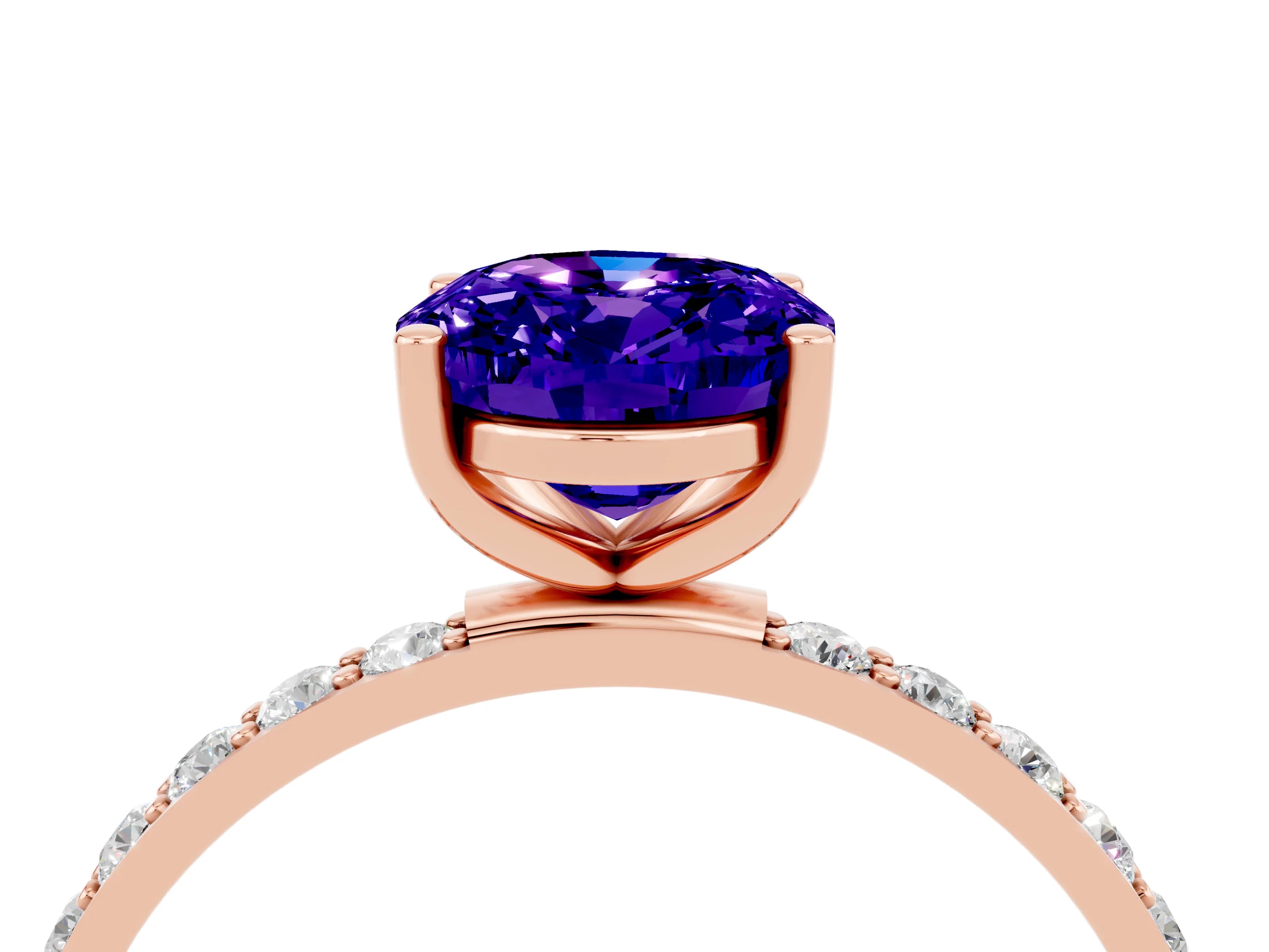 Rose gold Oval Cut Tanzanite Solitaire Ring with Pave Band and Four Prong Setting_28
