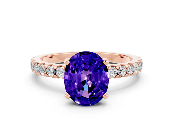 Rose gold Oval Cut Tanzanite Solitaire Ring with Round  Pavé Band and Four-Prong Setting