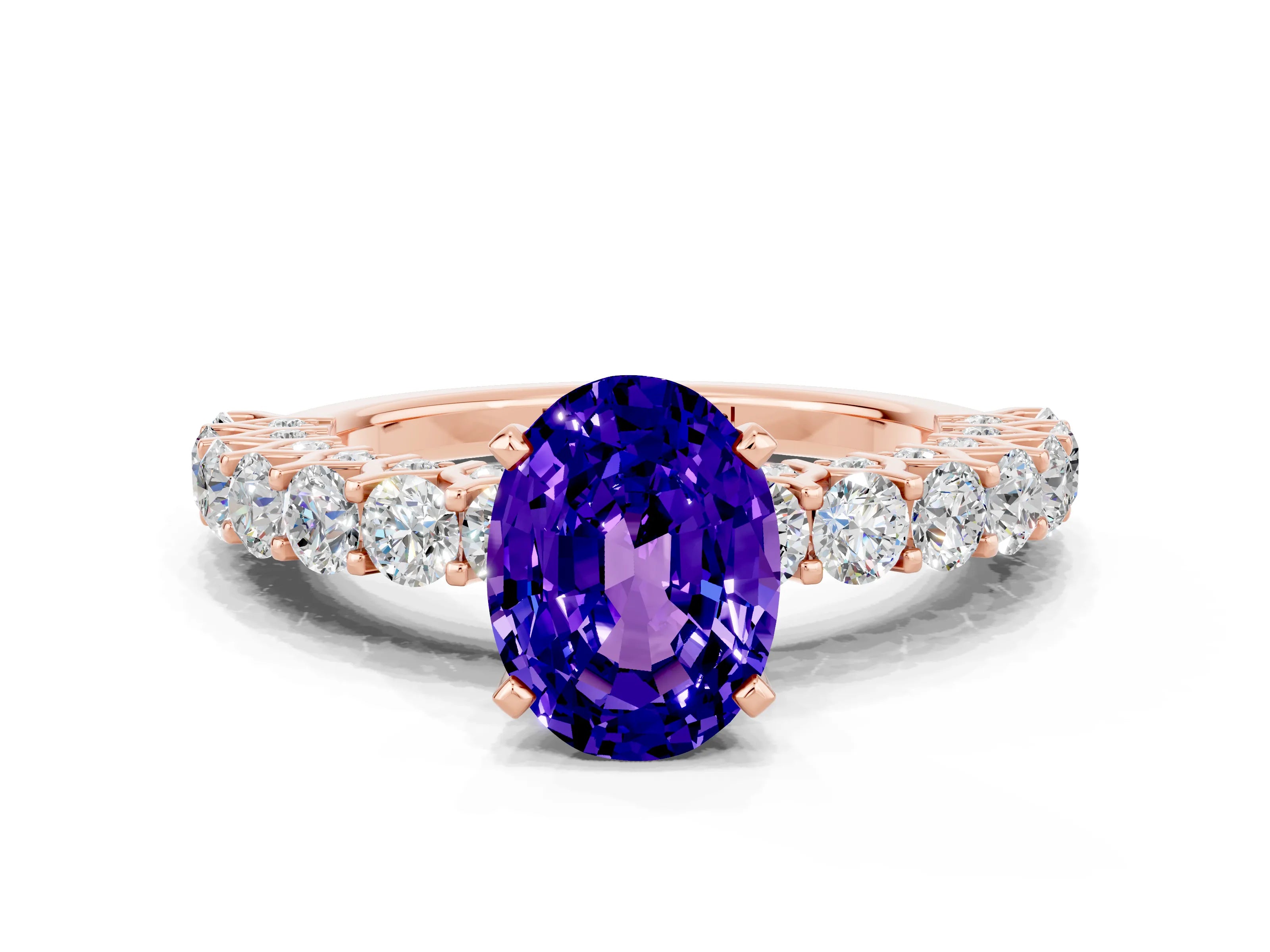 Rose gold Oval Cut Tanzanite Solitaire Ring with Shared Prong Pavé Band and Four-Prong Setting