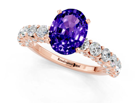 Rose gold Oval Cut Tanzanite Solitaire Ring with Shared Prong Pavé Band and Four-Prong Setting_1