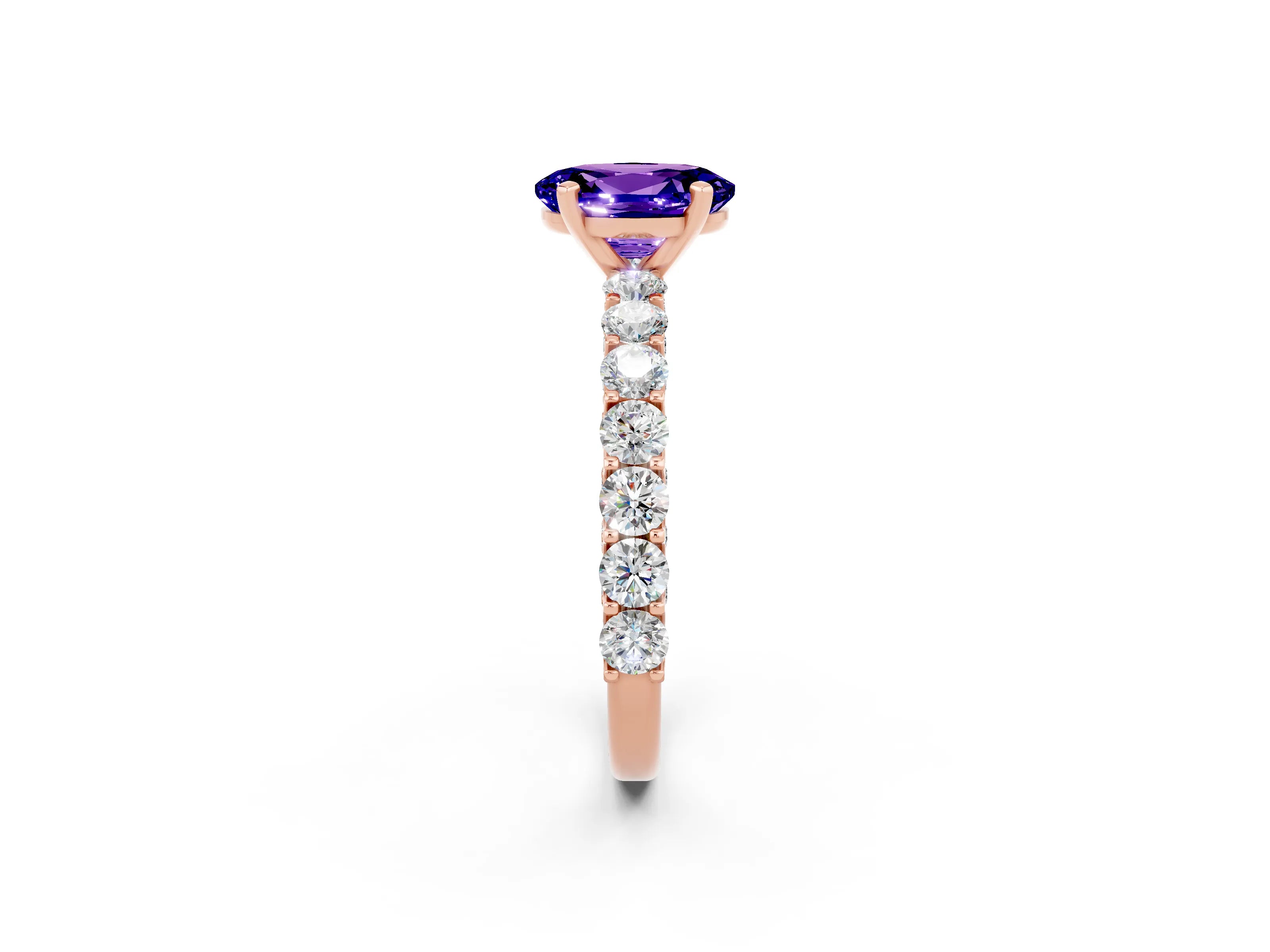 Rose gold Oval Cut Tanzanite Solitaire Ring with Shared Prong Pavé Band and Four-Prong Setting_2