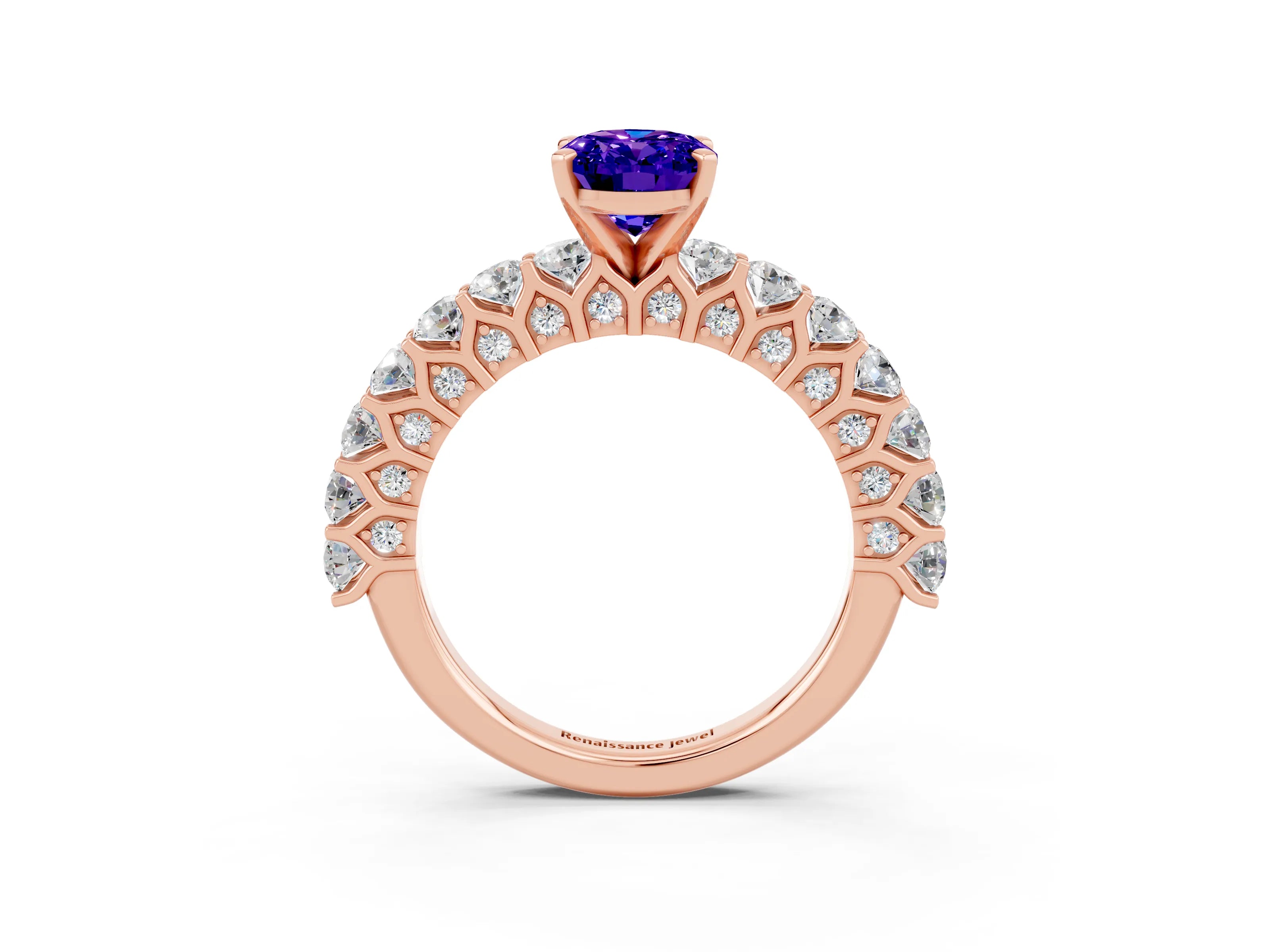 Rose gold Oval Cut Tanzanite Solitaire Ring with Shared Prong Pavé Band and Four-Prong Setting_3