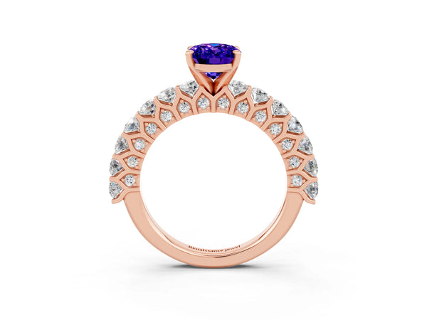 Rose gold Oval Cut Tanzanite Solitaire Ring with Shared Prong Pavé Band and Four-Prong Setting