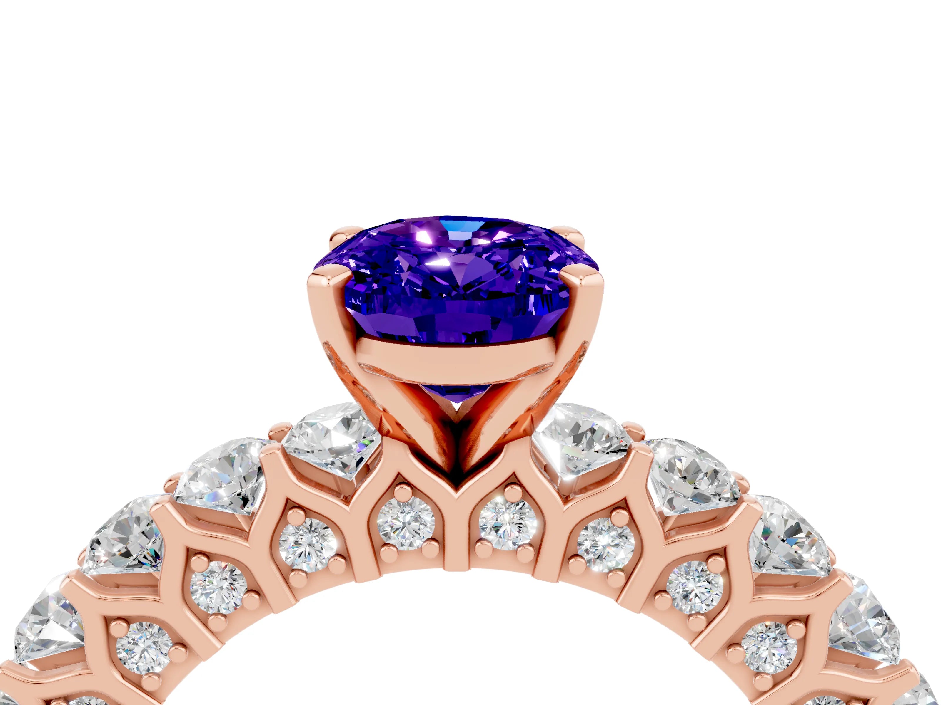 Rose gold Oval Cut Tanzanite Solitaire Ring with Shared Prong Pavé Band and Four-Prong Setting_4