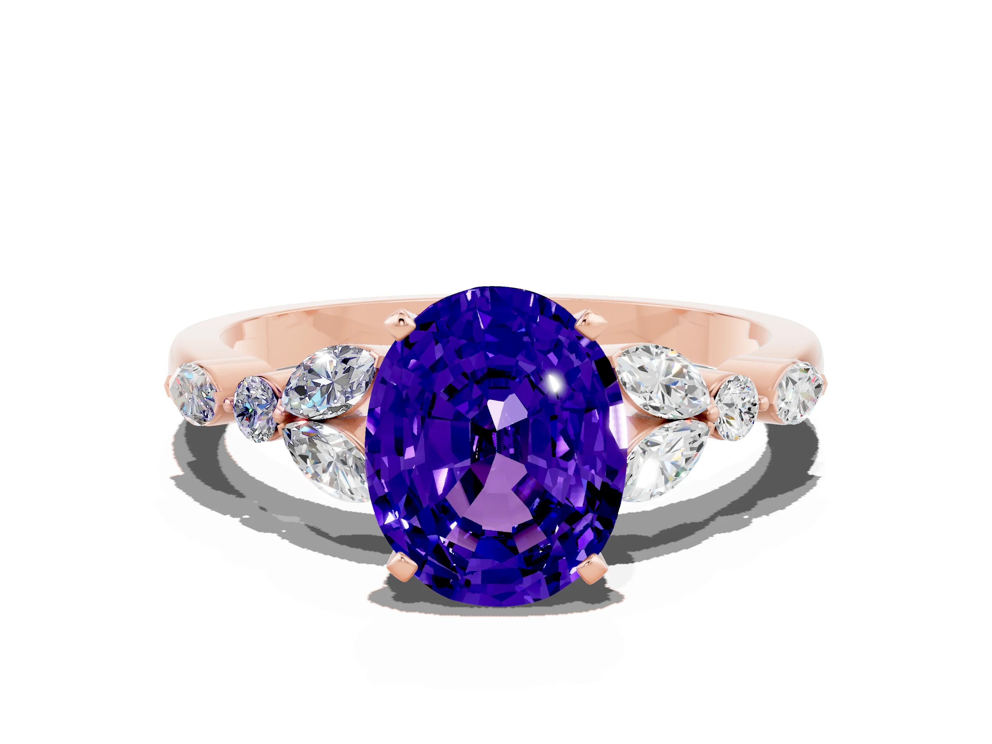 Rose gold Oval Cut Tanzanite Solitaire Ring with Side Stones and Four-Prong Setting_12