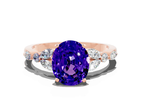 Rose gold Oval Cut Tanzanite Solitaire Ring with Side Stones and Four-Prong Setting