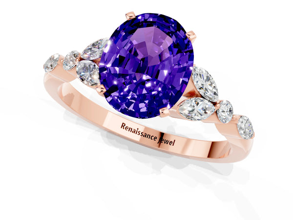 Rose gold Oval Cut Tanzanite Solitaire Ring with Side Stones and Four-Prong Setting