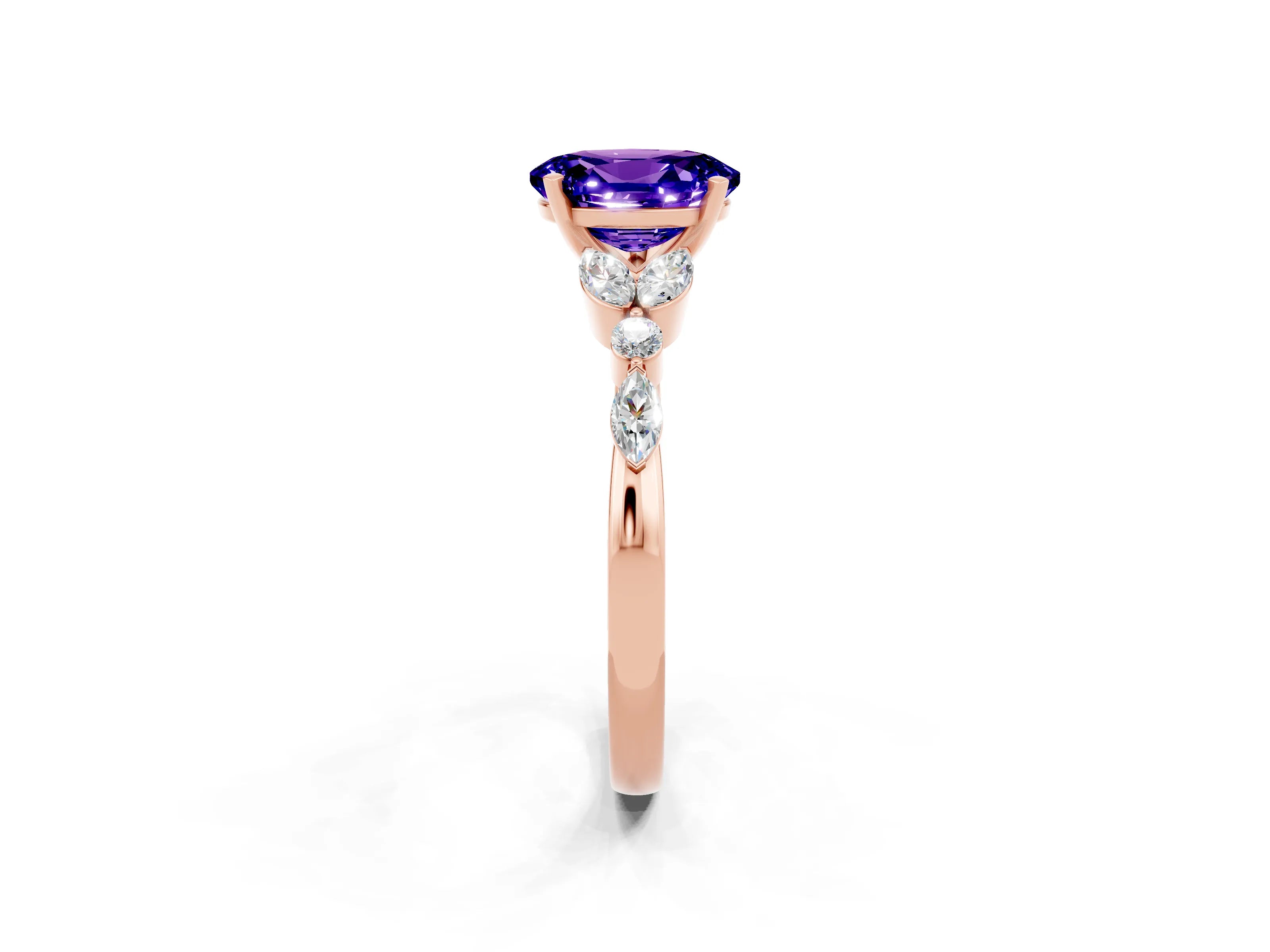 Rose gold Oval Cut Tanzanite Solitaire Ring with Side Stones and Four-Prong Setting_14