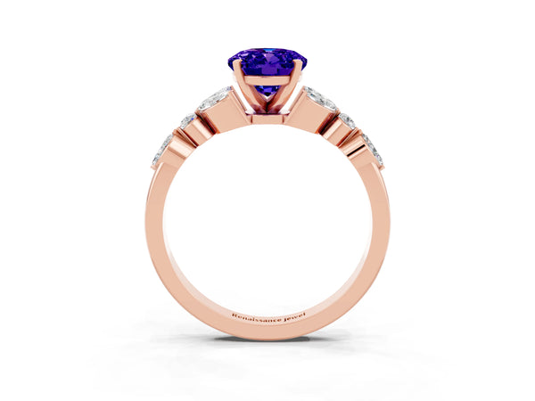 Rose gold Oval Cut Tanzanite Solitaire Ring with Side Stones and Four-Prong Setting