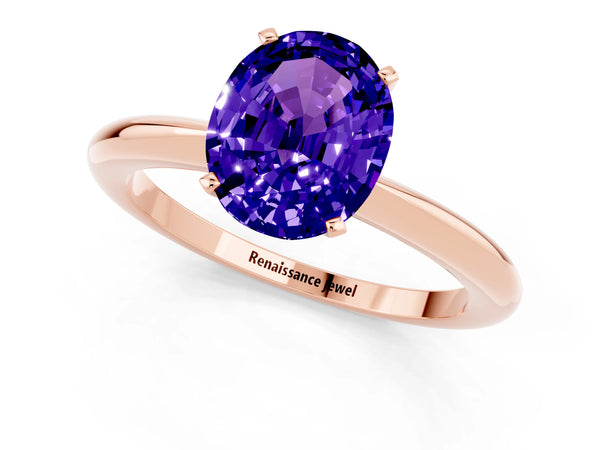 Rose gold Oval Cut Tanzanite Solitaire Ring with Six-Prong Setting and Classic Band