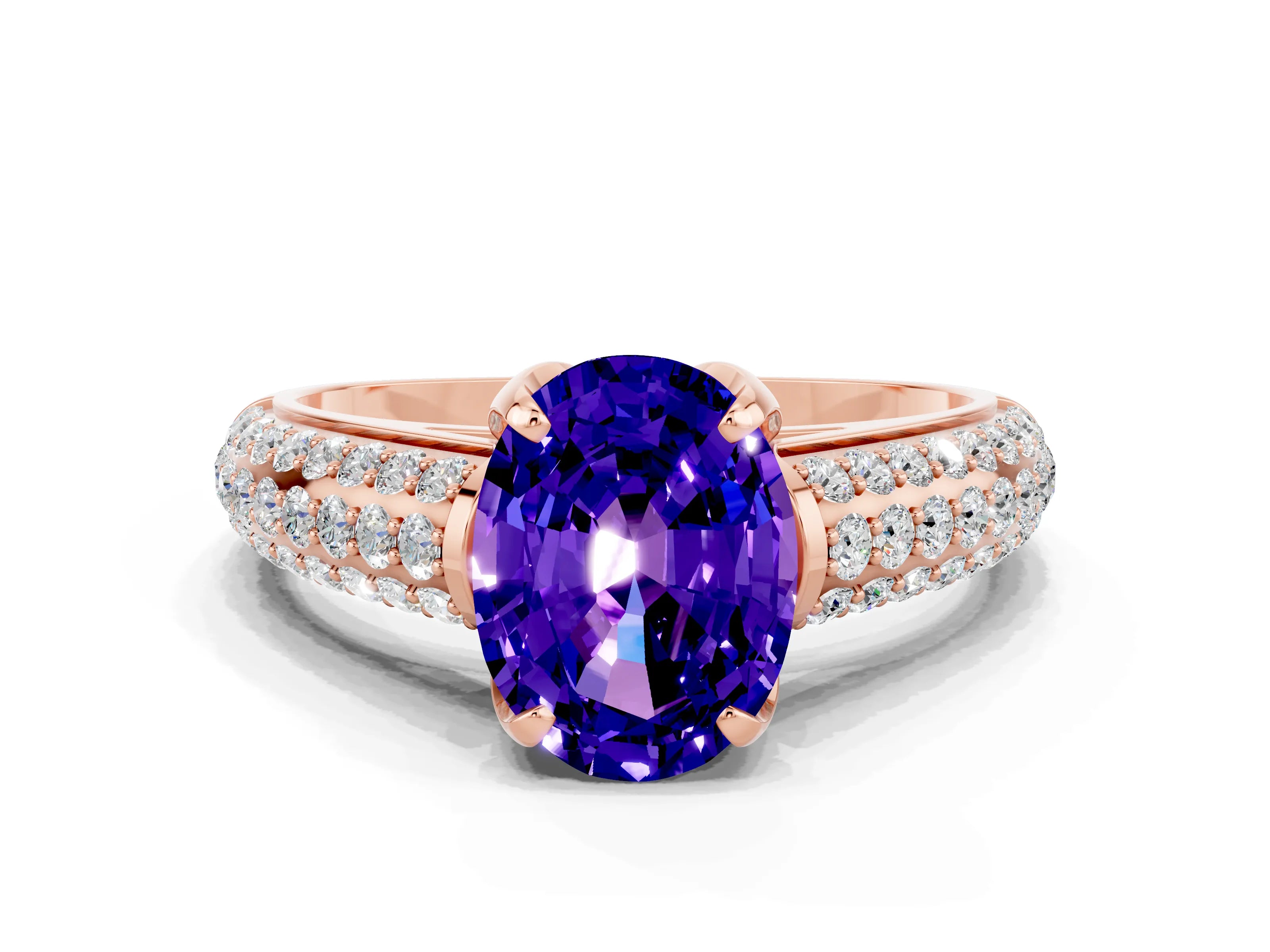 Rose gold Oval Cut Tanzanite Solitaire Ring with Three-Row Pavé Band and Four-Prong Setting_12