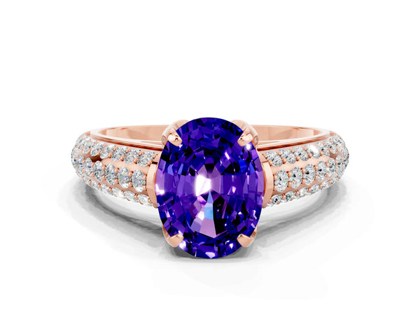 Rose gold Oval Cut Tanzanite Solitaire Ring with Three-Row Pavé Band and Four-Prong Setting