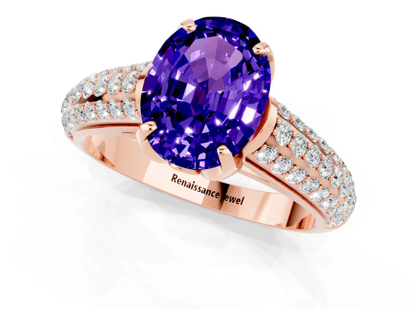 Rose gold Oval Cut Tanzanite Solitaire Ring with Three-Row Pavé Band and Four-Prong Setting