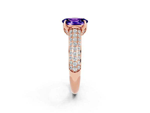 Rose gold Oval Cut Tanzanite Solitaire Ring with Three-Row Pavé Band and Four-Prong Setting