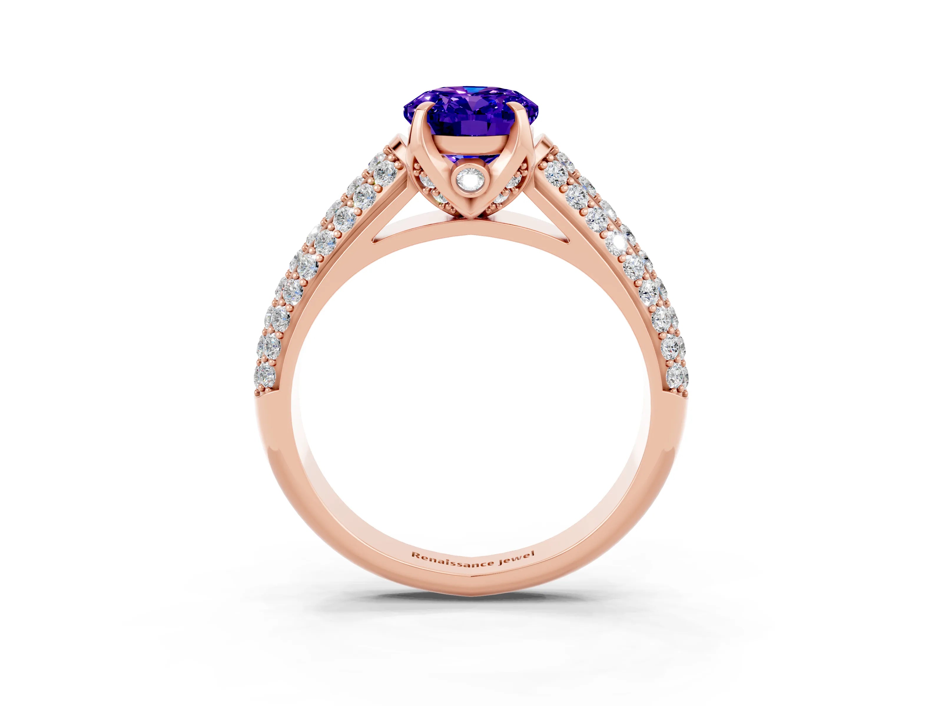 Rose gold Oval Cut Tanzanite Solitaire Ring with Three-Row Pavé Band and Four-Prong Setting_15