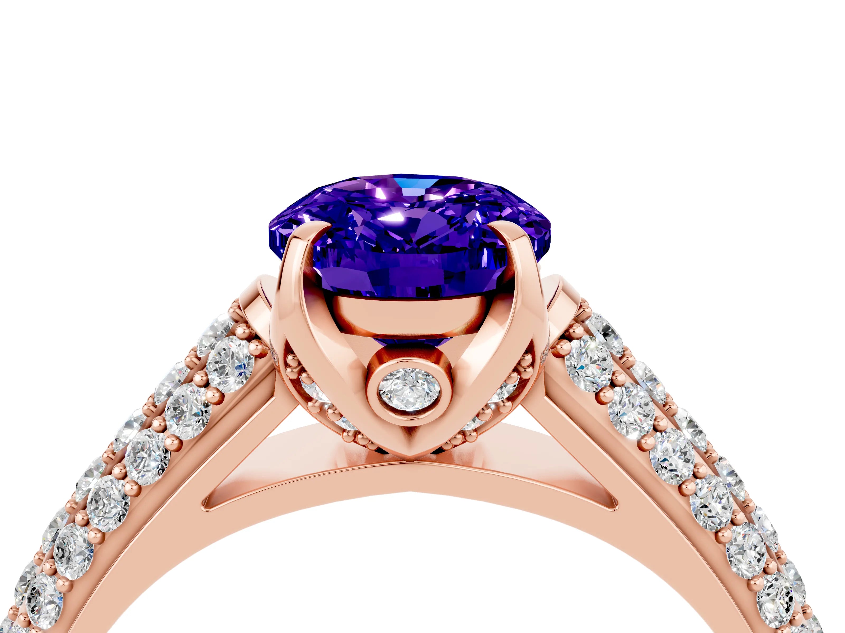 Rose gold Oval Cut Tanzanite Solitaire Ring with Three-Row Pavé Band and Four-Prong Setting_16