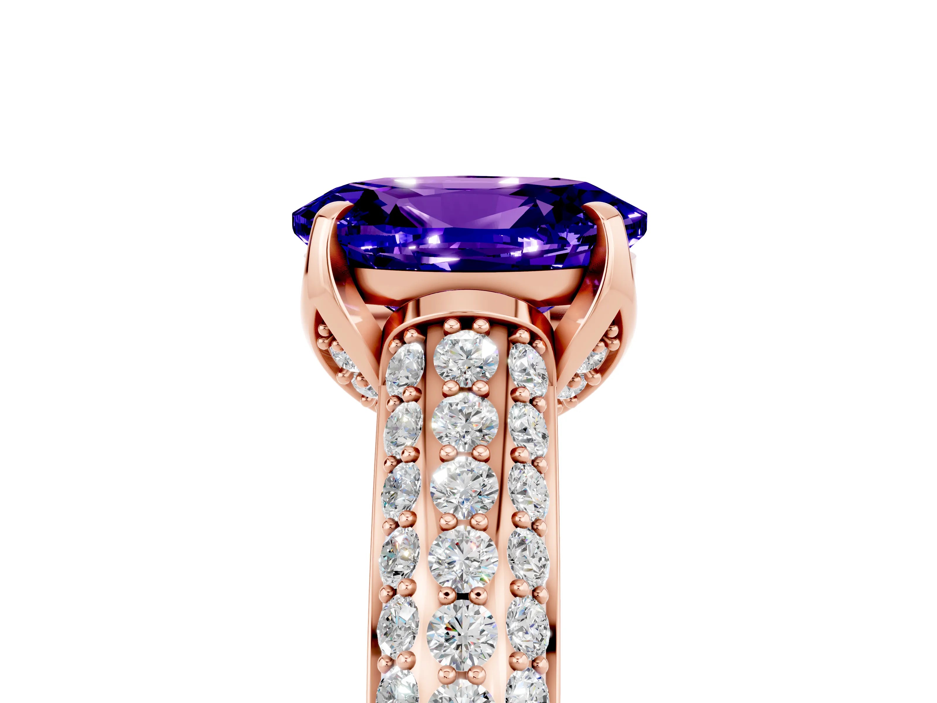 Rose gold Oval Cut Tanzanite Solitaire Ring with Three-Row Pavé Band and Four-Prong Setting_17
