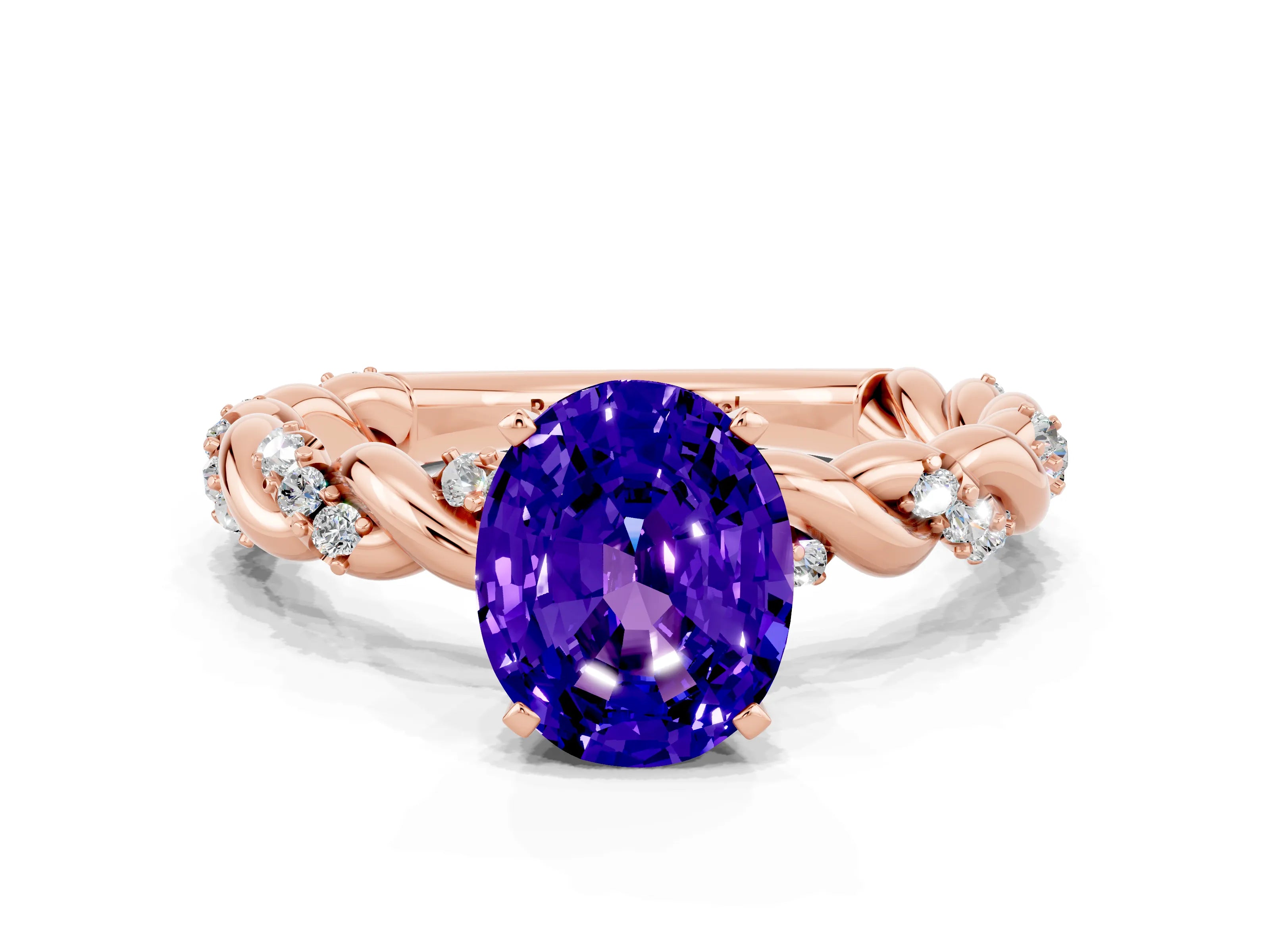 Rose gold Oval Cut Tanzanite Solitaire Ring with Twisted Band and Pavé Accents