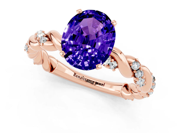 Rose gold Oval Cut Tanzanite Solitaire Ring with Twisted Band and Pavé Accents