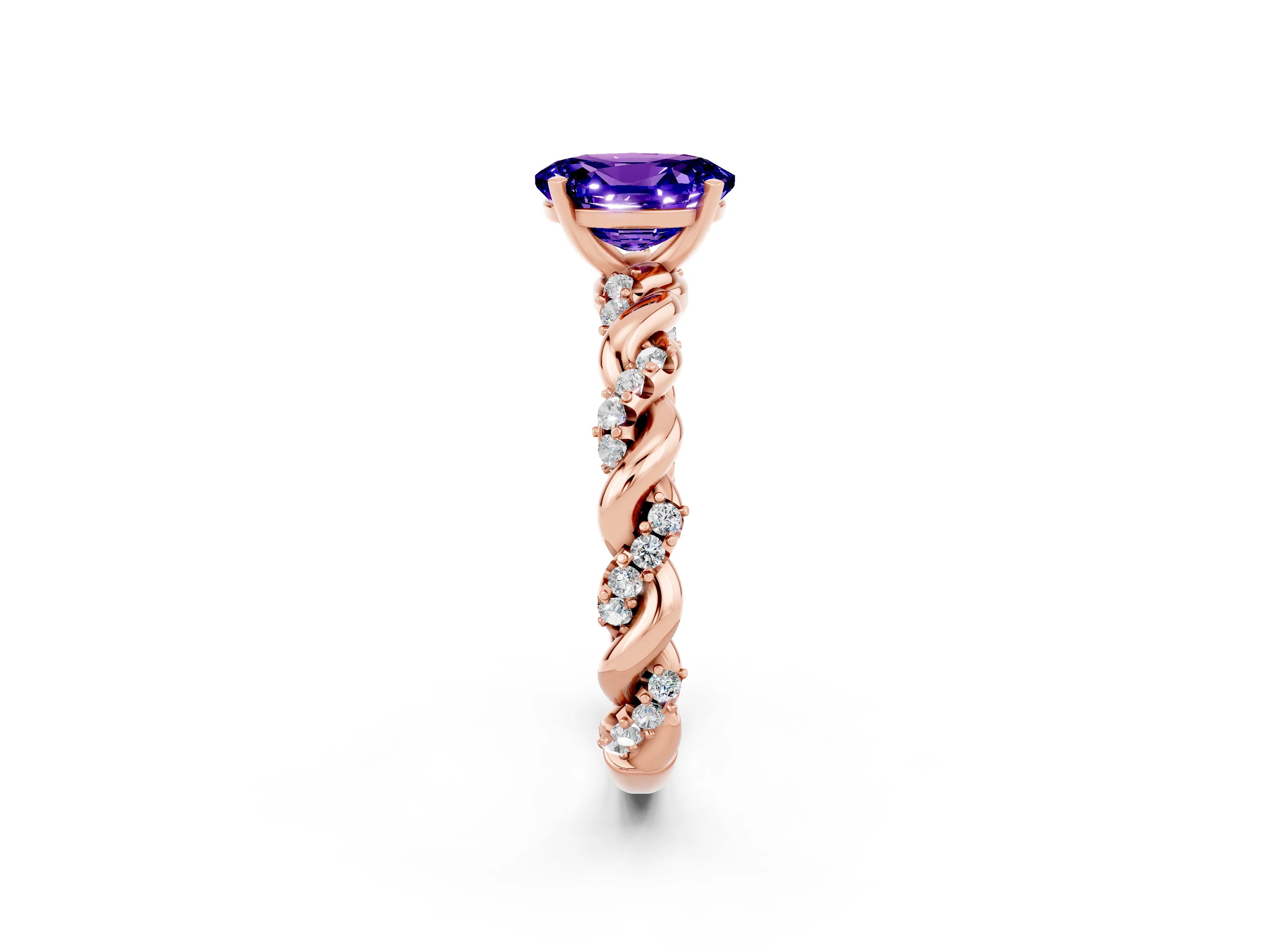 Rose gold Oval Cut Tanzanite Solitaire Ring with Twisted Band and Pavé Accents_2