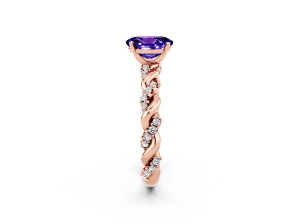Rose gold Oval Cut Tanzanite Solitaire Ring with Twisted Band and Pavé Accents