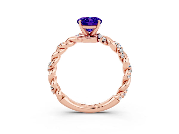 Rose gold Oval Cut Tanzanite Solitaire Ring with Twisted Band and Pavé Accents