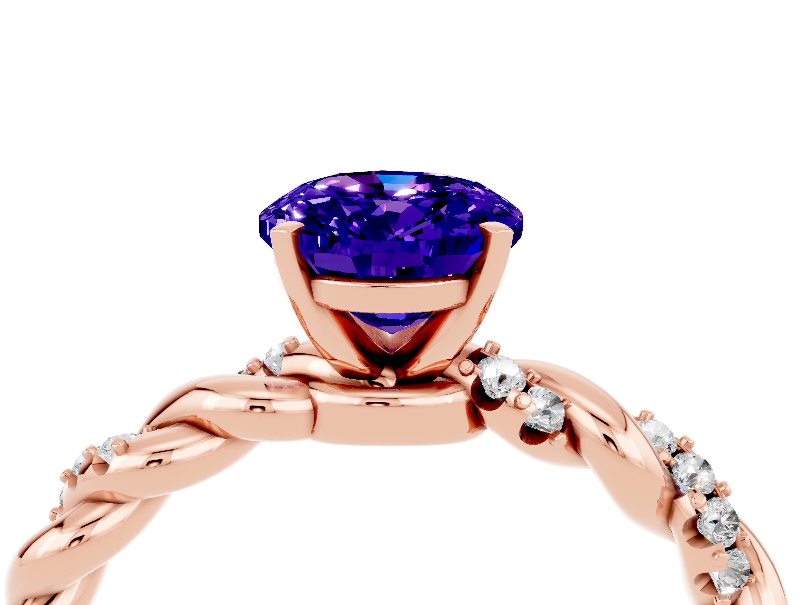 Rose gold Oval Cut Tanzanite Solitaire Ring with Twisted Band and Pavé Accents_4