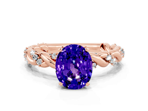 Rose gold Oval Cut Tanzanite Solitaire Ring with Twisted Band and Pavé Accents