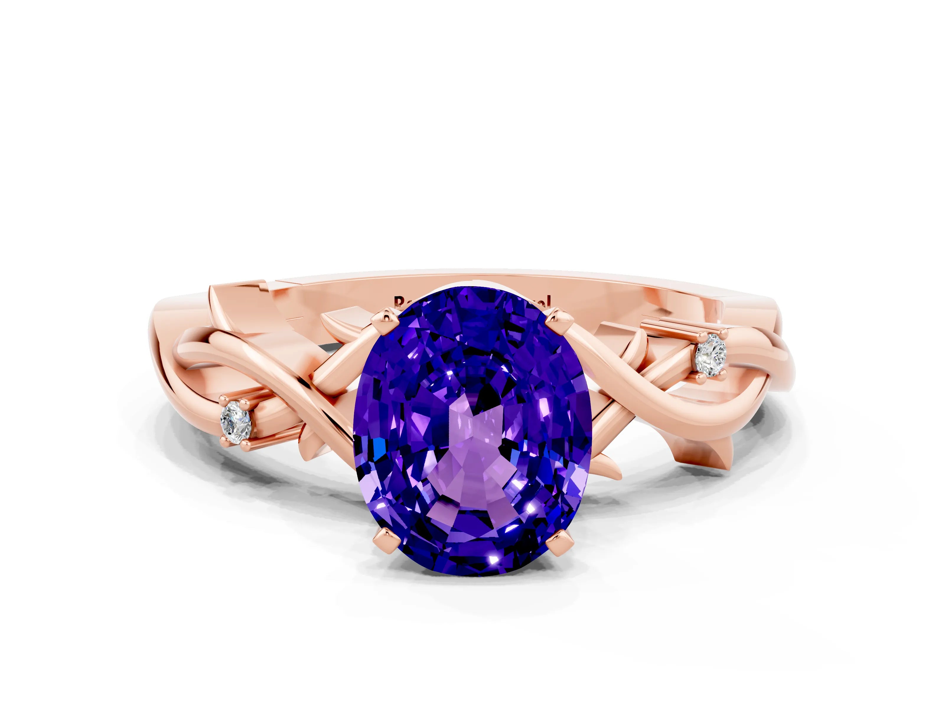 Rose gold Oval Cut Tanzanite Solitaire Ring with Twisted Band and Prong Setting