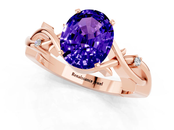Rose gold Oval Cut Tanzanite Solitaire Ring with Twisted Band and Prong Setting