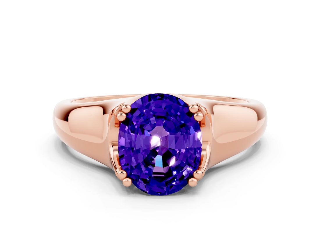Rose gold Oval Cut Tanzanite Solitaire Ring with Wide Band and Prong Setting