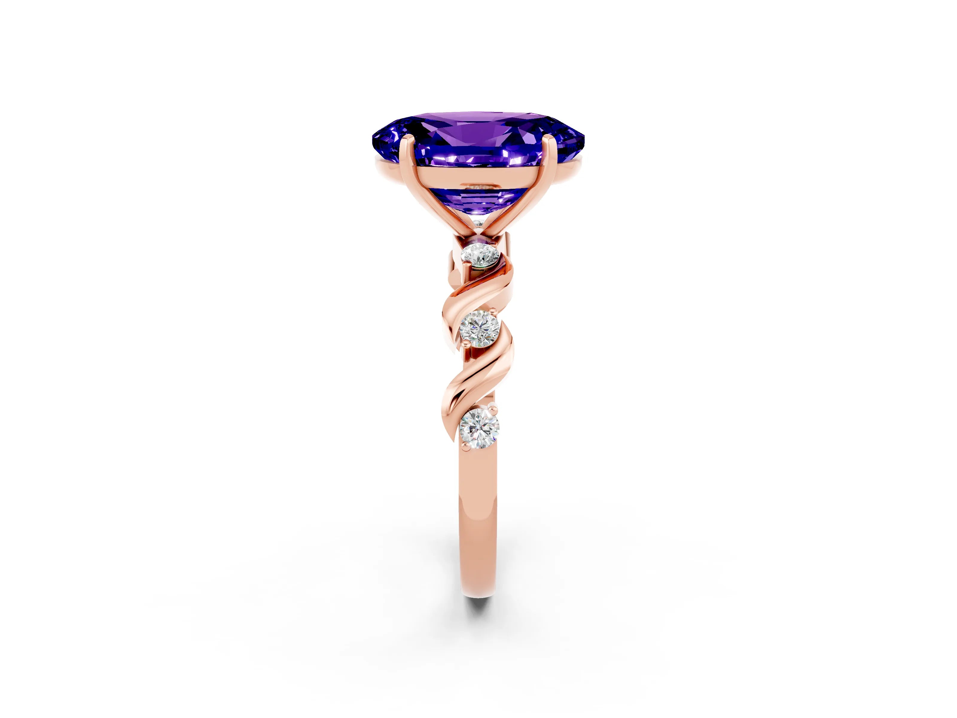 Rose gold Oval Cut Tanzanite Solitaire Twisted Band with Round  Accents and Prong Setting_14