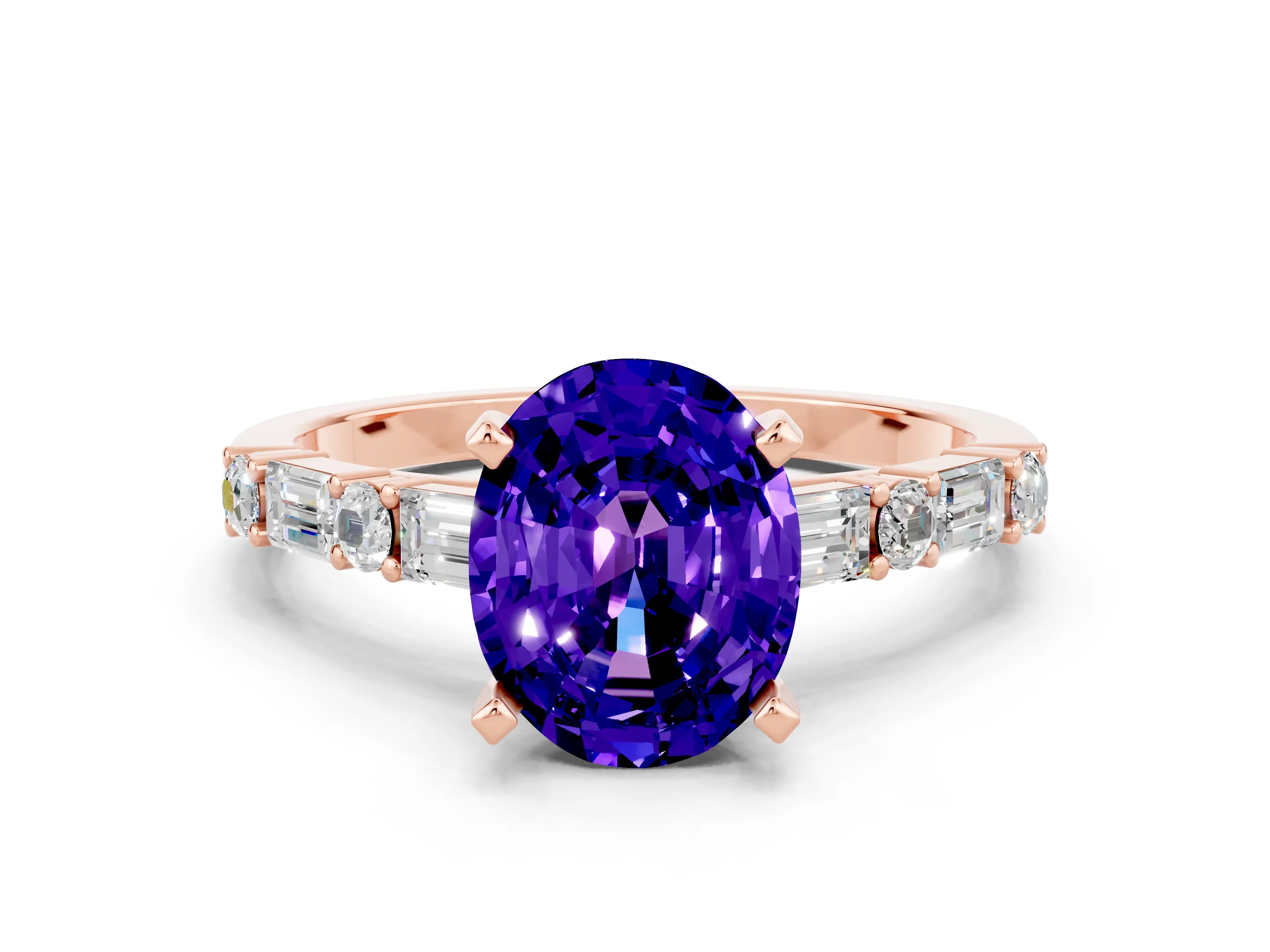 Rose gold Oval Cut Tanzanite Solitaire with Side Baguettes and Channel Set Band