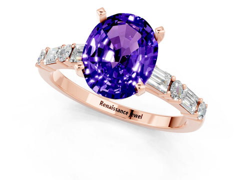 Rose gold Oval Cut Tanzanite Solitaire with Side Baguettes and Channel Set Band_1