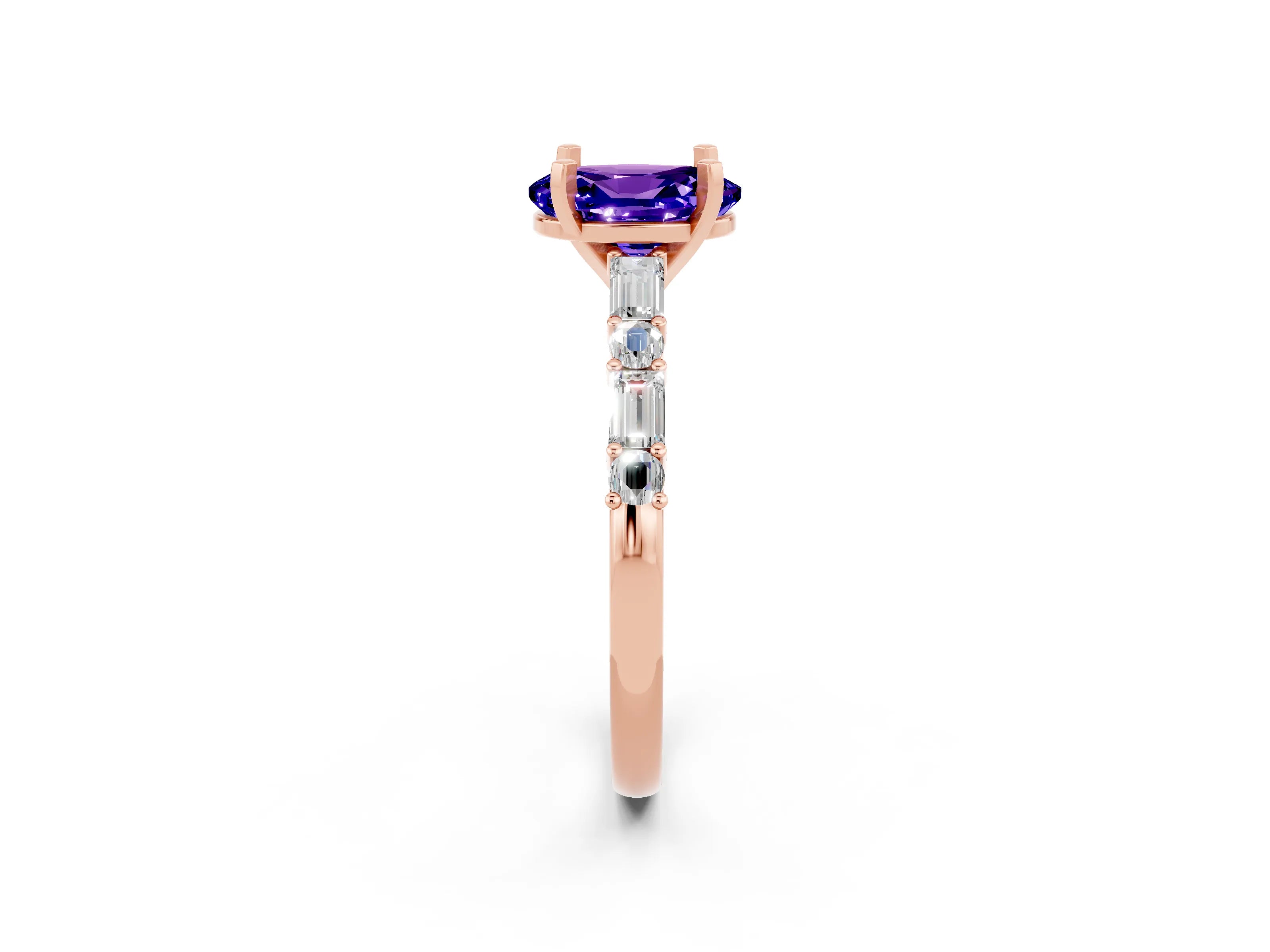 Rose gold Oval Cut Tanzanite Solitaire with Side Baguettes and Channel Set Band_2