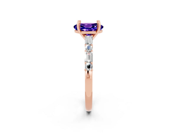 Rose gold Oval Cut Tanzanite Solitaire with Side Baguettes and Channel Set Band