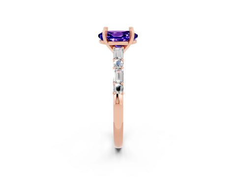 Rose gold Oval Cut Tanzanite Solitaire with Side Baguettes and Channel Set Band_2