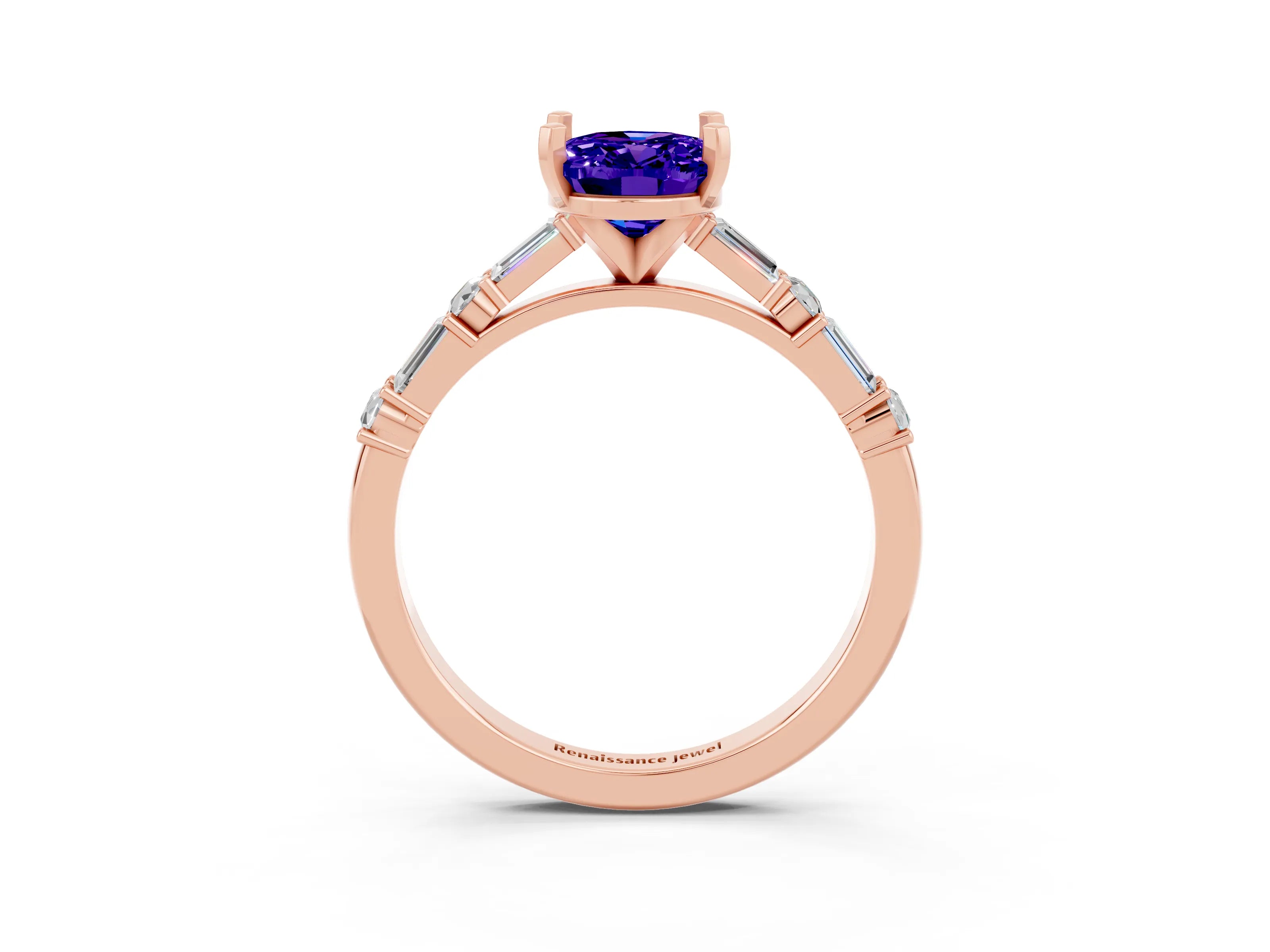Rose gold Oval Cut Tanzanite Solitaire with Side Baguettes and Channel Set Band_3