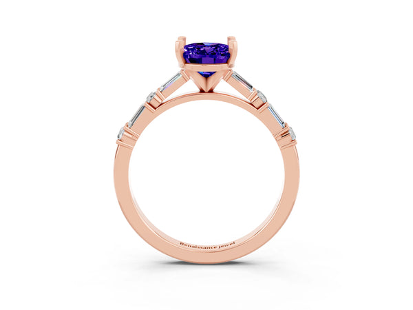 Rose gold Oval Cut Tanzanite Solitaire with Side Baguettes and Channel Set Band