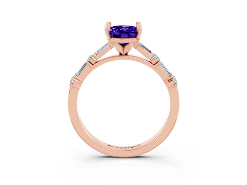 Rose gold Oval Cut Tanzanite Solitaire with Side Baguettes and Channel Set Band_3