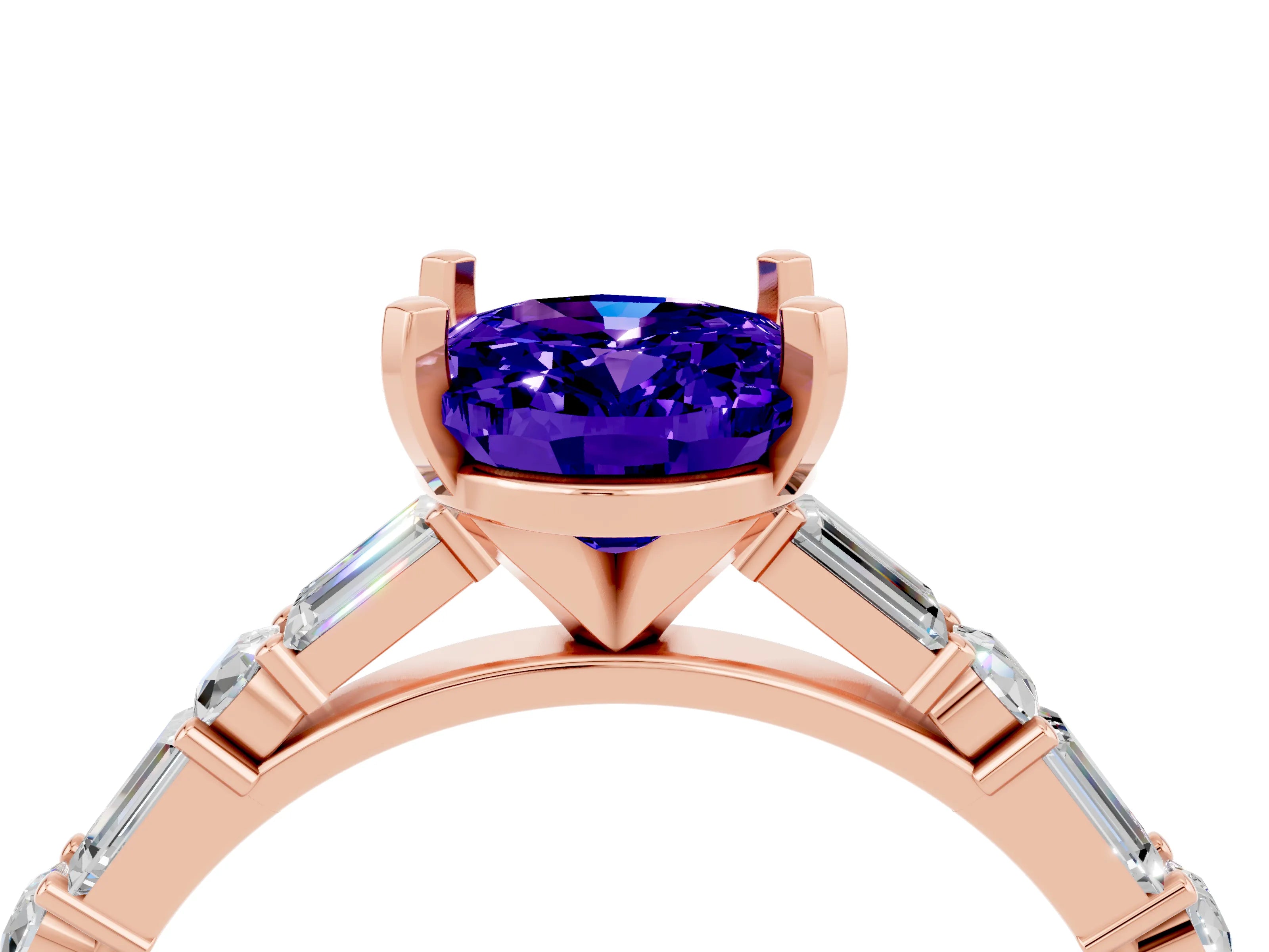 Rose gold Oval Cut Tanzanite Solitaire with Side Baguettes and Channel Set Band_4