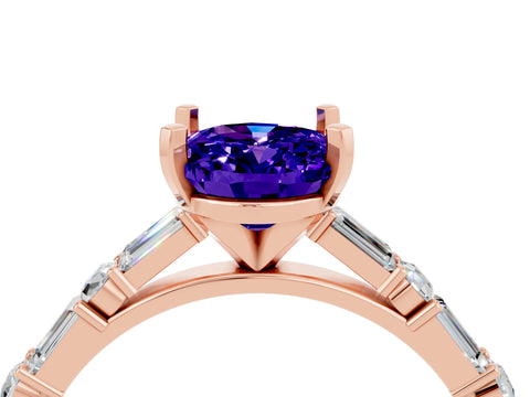 Rose gold Oval Cut Tanzanite Solitaire with Side Baguettes and Channel Set Band_4