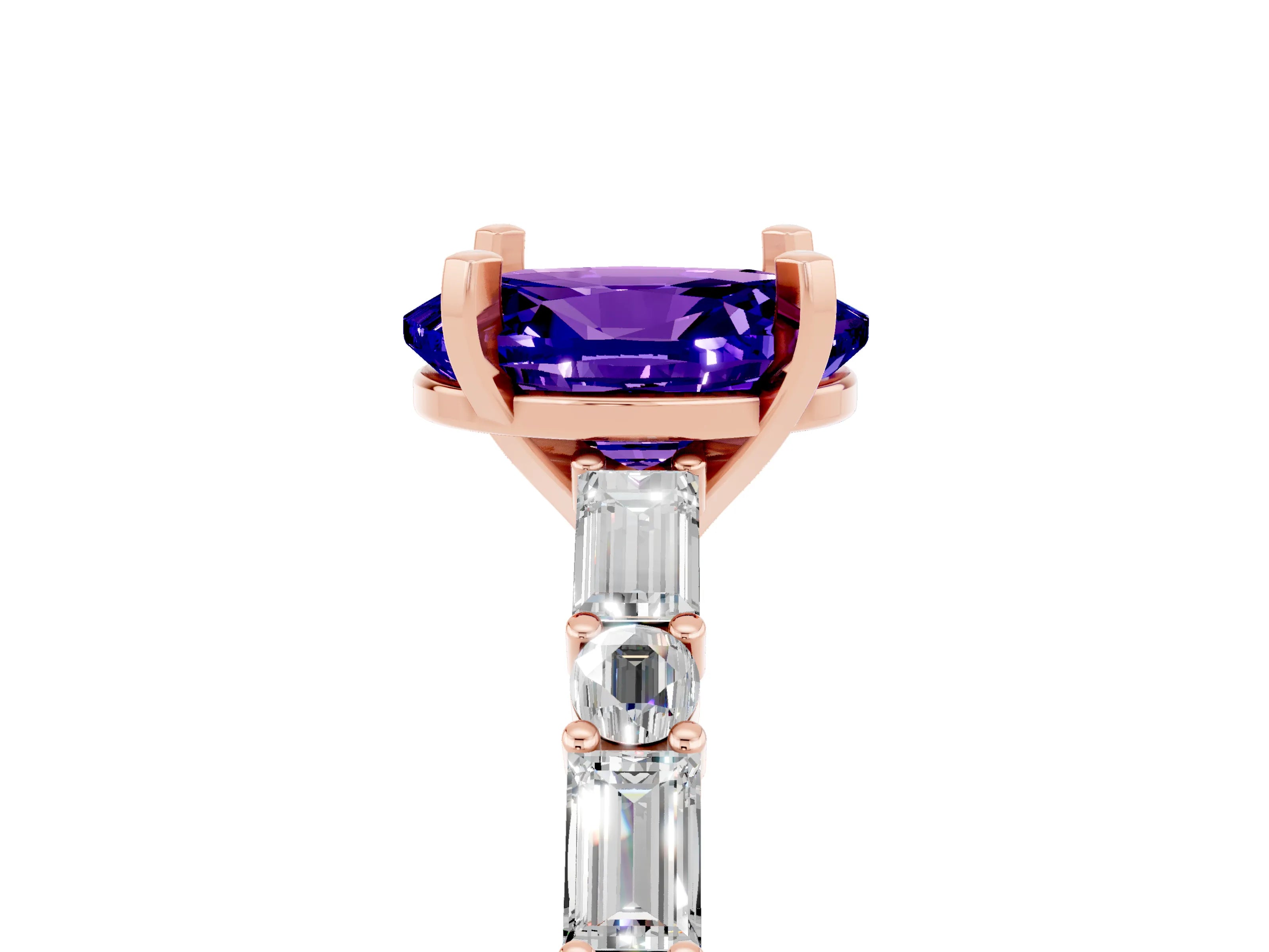 Rose gold Oval Cut Tanzanite Solitaire with Side Baguettes and Channel Set Band_5
