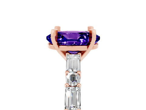 Rose gold Oval Cut Tanzanite Solitaire with Side Baguettes and Channel Set Band_5