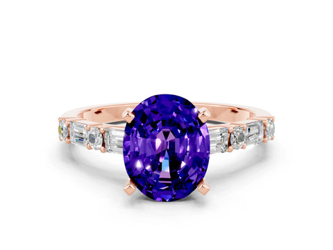 Rose gold Oval Cut Tanzanite Solitaire with Side Baguettes and Channel Set Band